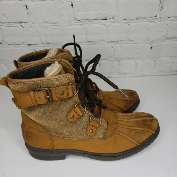 Ugg‎ Women's Brown Cecile Leather Waterproof Shearling Boots Size 7.5