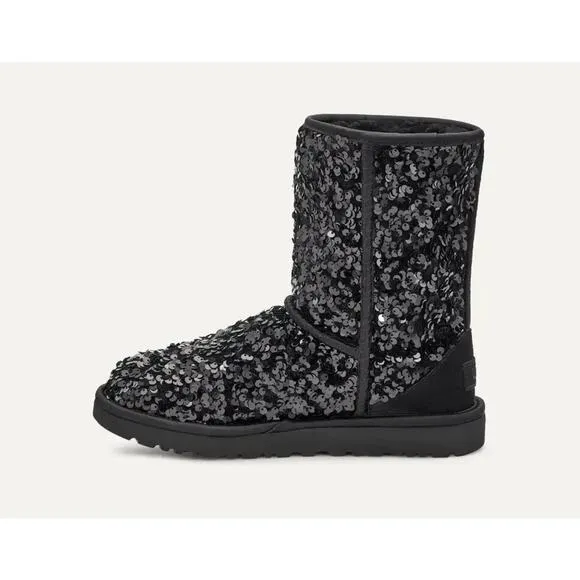 UGG Women's Classic Short Chunky Sequin Boot, Black Size 5M
