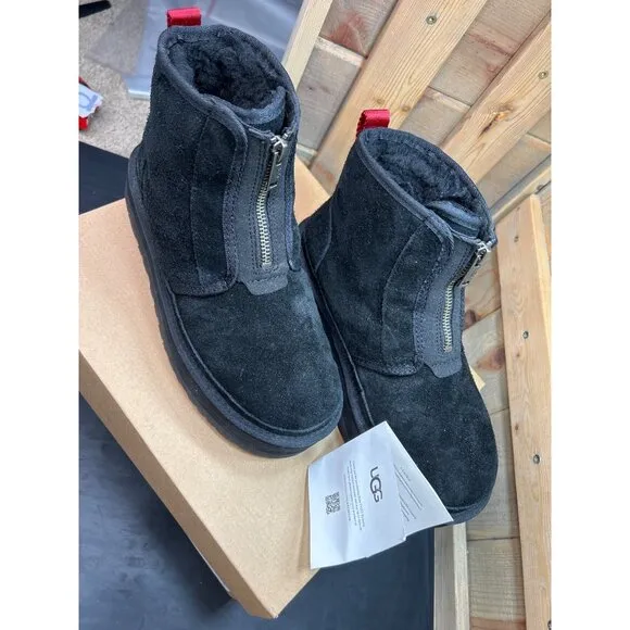 UGG Womens Neumel Platform Zip Boots Size 8 Black Suede With Red Pull Tab