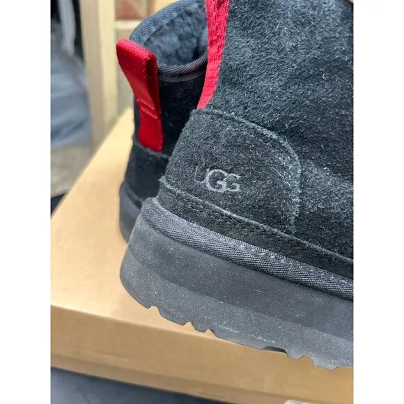 UGG Womens Neumel Platform Zip Boots Size 8 Black Suede With Red Pull Tab