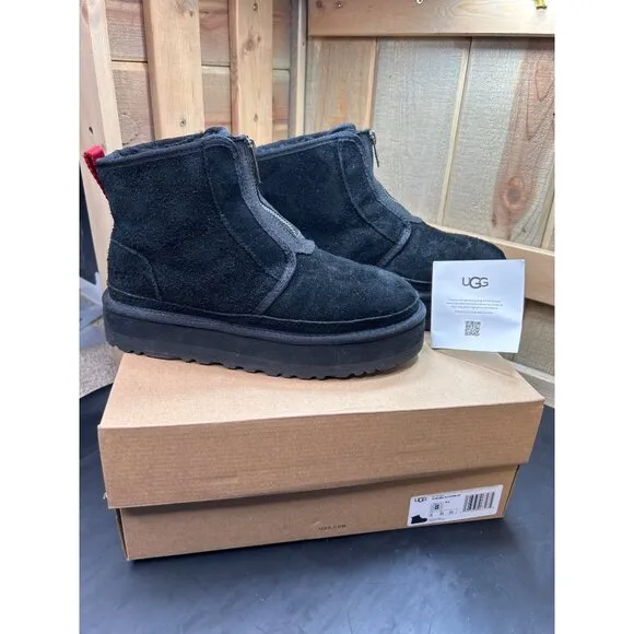 UGG Womens Neumel Platform Zip Boots Size 8 Black Suede With Red Pull Tab