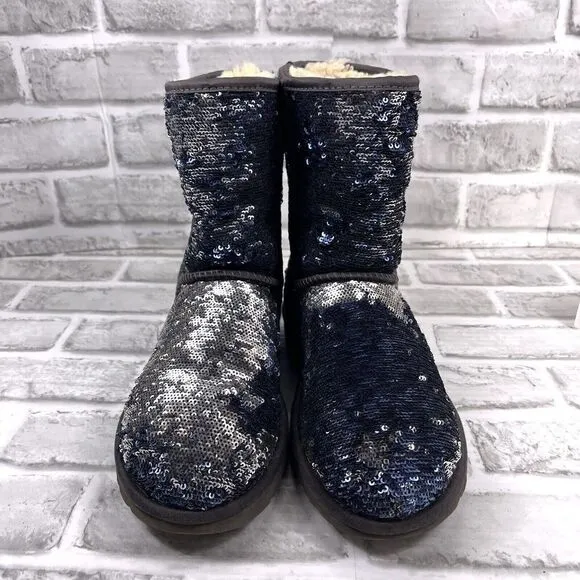 Ugg Women's Size 6 Classic Short Blue/Silver Sequin Sparkles Winter Boots
