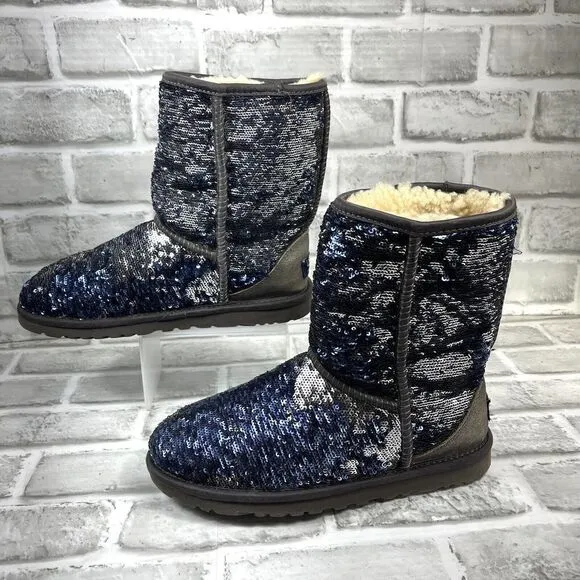 Ugg Women's Size 6 Classic Short Blue/Silver Sequin Sparkles Winter Boots