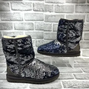 Ugg Women's Size 6 Classic Short Blue/Silver Sequin Sparkles Winter Boots