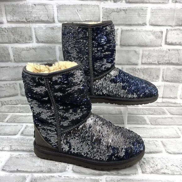 Ugg Women's Size 6 Classic Short Blue/Silver Sequin Sparkles Winter Boots