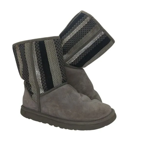 UGGS Australia Womens Classic Short Gray Pattern Suede Shirpa Lined Boots- sz. 8