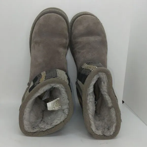 UGGS Australia Womens Classic Short Gray Pattern Suede Shirpa Lined Boots- sz. 8