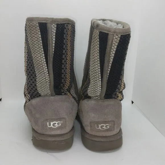 UGGS Australia Womens Classic Short Gray Pattern Suede Shirpa Lined Boots- sz. 8
