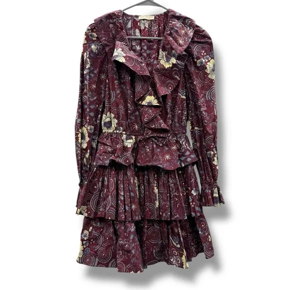 Ulla Jonson Lola Dress Long Sleeve Ruffle Tiered Skirt in Heliotrope Sz 2