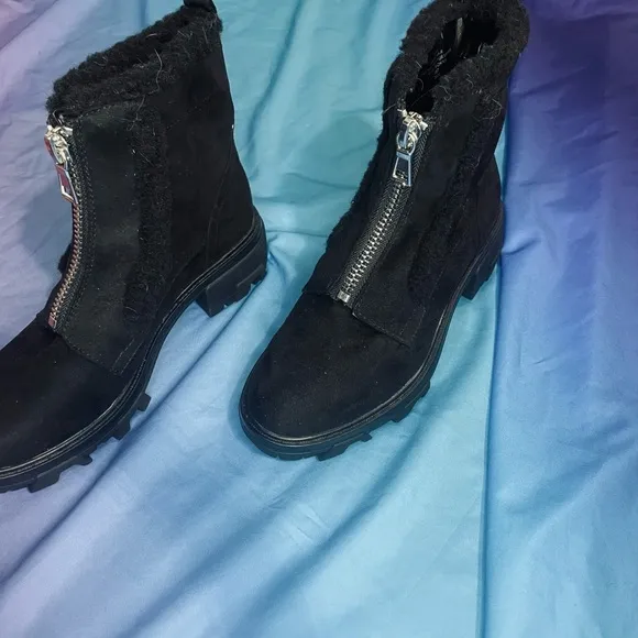 Unisa Suede Zip Black Fur Trim Boots 6.5M Bikercore Biker lined goth platform