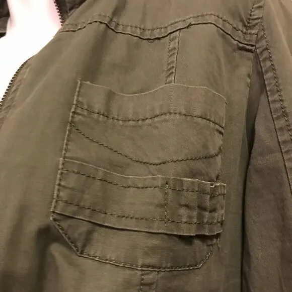 Utility Cargo Hooded Long Sleeve Zippered Jacket by New Look Army Green Medium