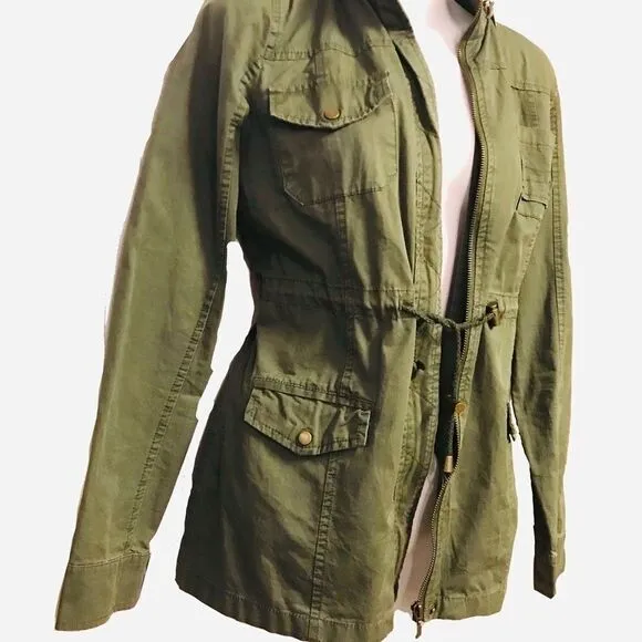 Utility Cargo Hooded Long Sleeve Zippered Jacket by New Look Army Green Medium