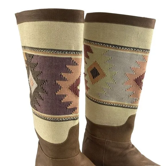 Uxibal Brown‎ Guatemalan Leather Hand Woven Fabric Tall Boots Womens Sz 8.5