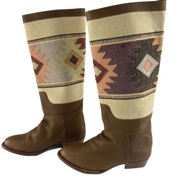Uxibal Brown‎ Guatemalan Leather Hand Woven Fabric Tall Boots Womens Sz 8.5