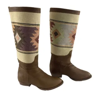Uxibal Brown‎ Guatemalan Leather Hand Woven Fabric Tall Boots Womens Sz 8.5