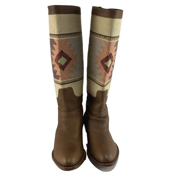 Uxibal Brown‎ Guatemalan Leather Hand Woven Fabric Tall Boots Womens Sz 8.5