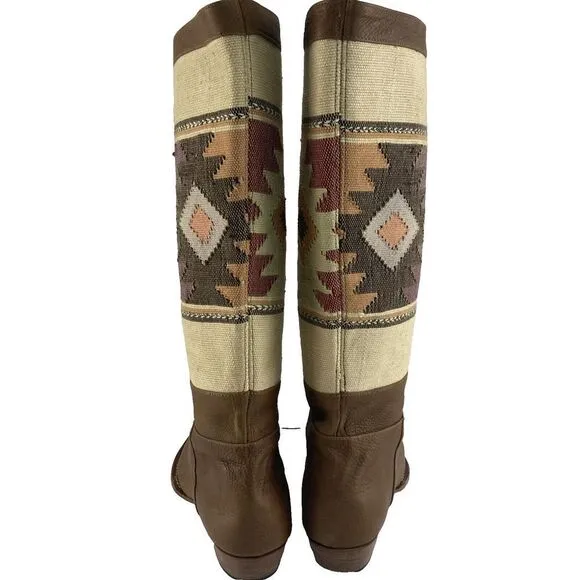 Uxibal Brown‎ Guatemalan Leather Hand Woven Fabric Tall Boots Womens Sz 8.5