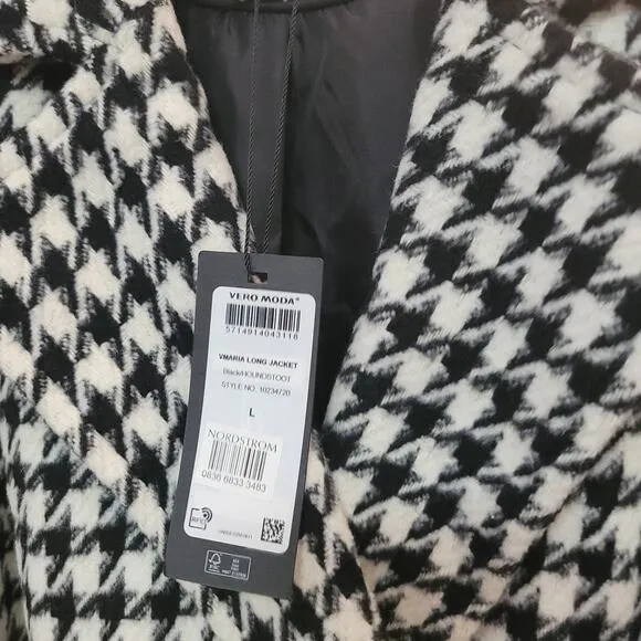 Vero Moda Coat Houndstooth Belted Maria Long Jacket Trench NEW Black White