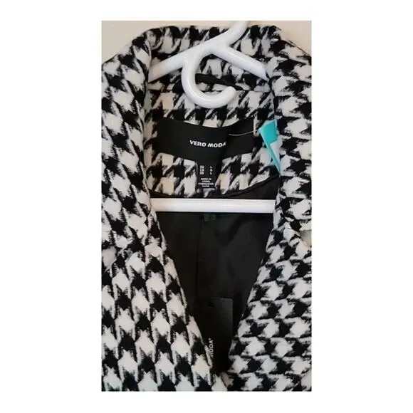 Vero Moda Coat Houndstooth Belted Maria Long Jacket Trench NEW Black White