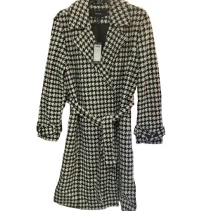 Vero Moda Coat Houndstooth Belted Maria Long Jacket Trench NEW Black White