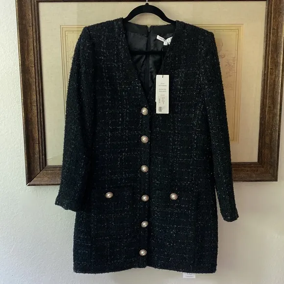 Veronica Beard Kenai Glittery Black Tweed Minidress Faux Pearl Buttons Size 6