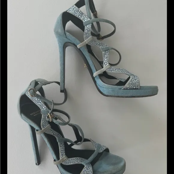 Versace 36.5 Women Shoes Blue Glam Strap Stilettos Heels Shoes Club Cocktail