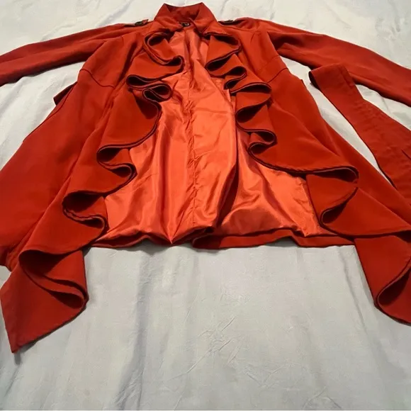 VERY J Red Ruffled Women's Jacket Tie Belt Front Closure. Vibrant! Size S