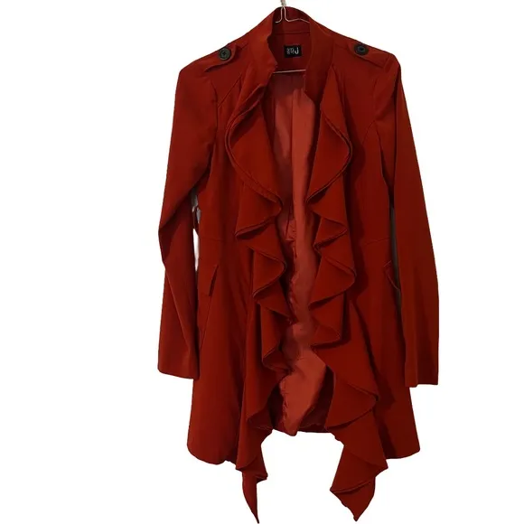 VERY J Red Ruffled Women's Jacket Tie Belt Front Closure. Vibrant! Size S