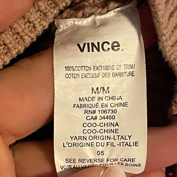 VINCE 100% Cotton Textured Knit Sweater in Camel Tan | Size M
