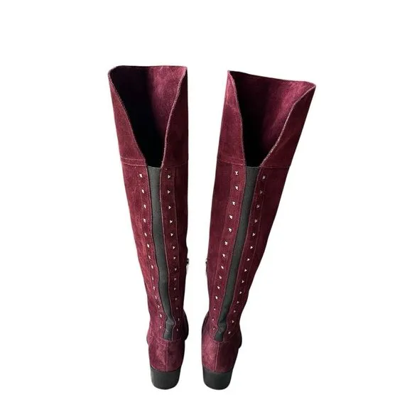 Vince Camuto Bashan Suede Leather Boots Women's 6M Burgundy Over Knee‎ Studded