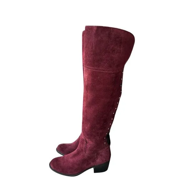 Vince Camuto Bashan Suede Leather Boots Women's 6M Burgundy Over Knee‎ Studded