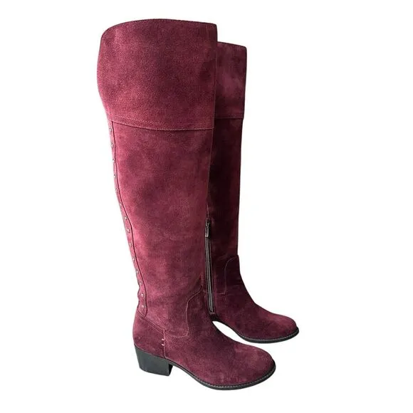 Vince Camuto Bashan Suede Leather Boots Women's 6M Burgundy Over Knee‎ Studded