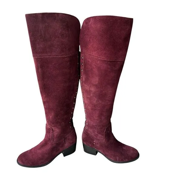 Vince Camuto Bashan Suede Leather Boots Women's 6M Burgundy Over Knee‎ Studded
