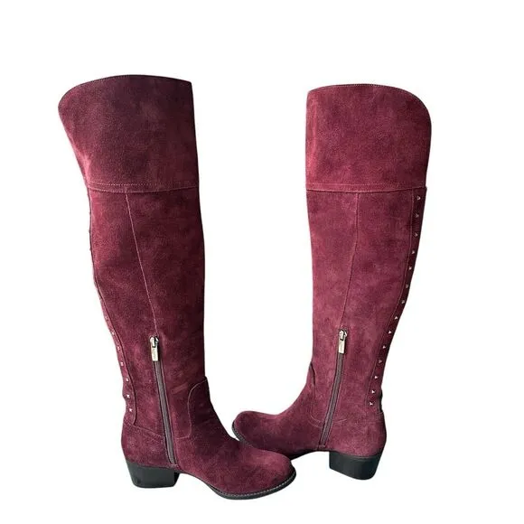 Vince Camuto Bashan Suede Leather Boots Women's 6M Burgundy Over Knee‎ Studded