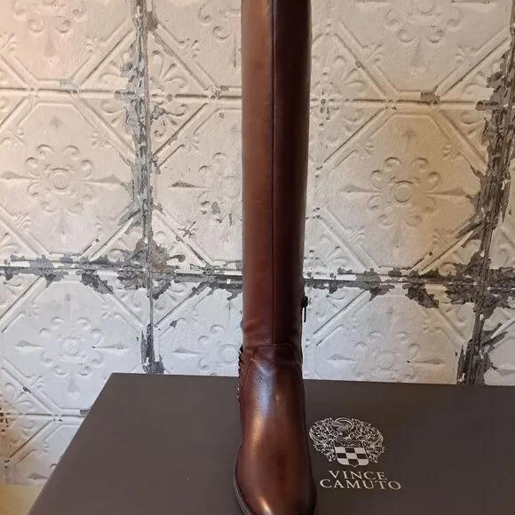 Vince Camuto Knee High Leather Upper Strappy Riding Boots Brown Color - NWT -5.5