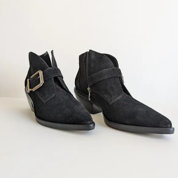 Vince Camuto Suede Ashena Ankle Boot Black Suede Mixed Metal Buckle - sz 10