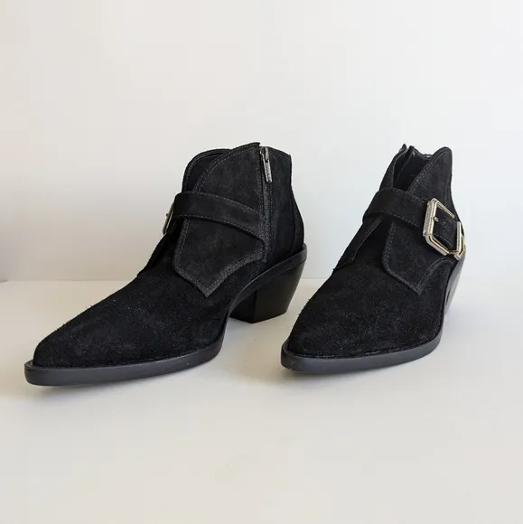 Vince Camuto Suede Ashena Ankle Boot Black Suede Mixed Metal Buckle - sz 10