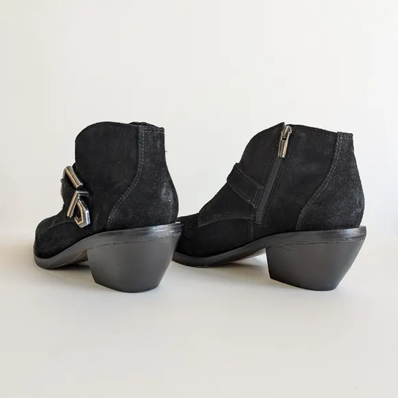 Vince Camuto Suede Ashena Ankle Boot Black Suede Mixed Metal Buckle - sz 10