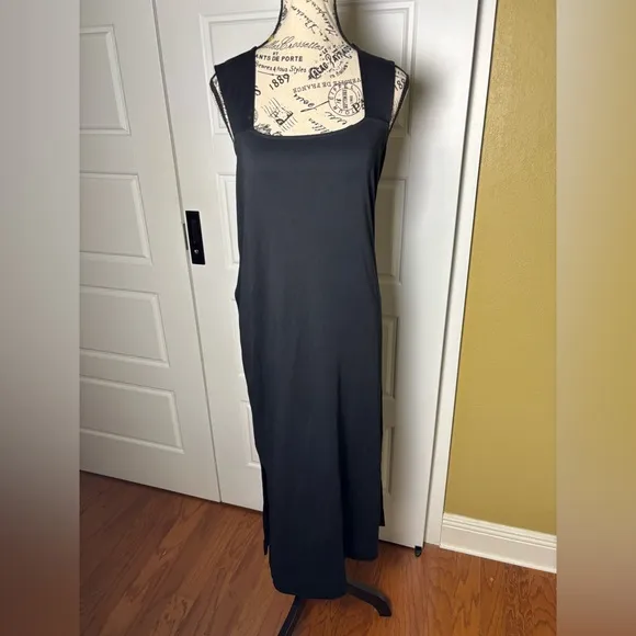 Vince Square Neck Midi Dress Women's Side Slits Sleeveless Black Size Small