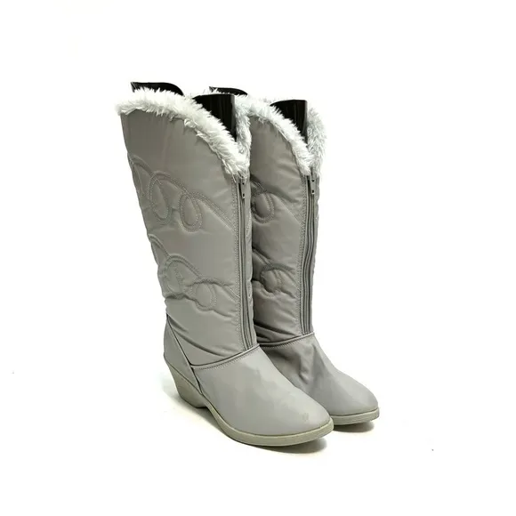 Vintage 1970s gray nylon zip front faux fur lined knee high winter snow boots