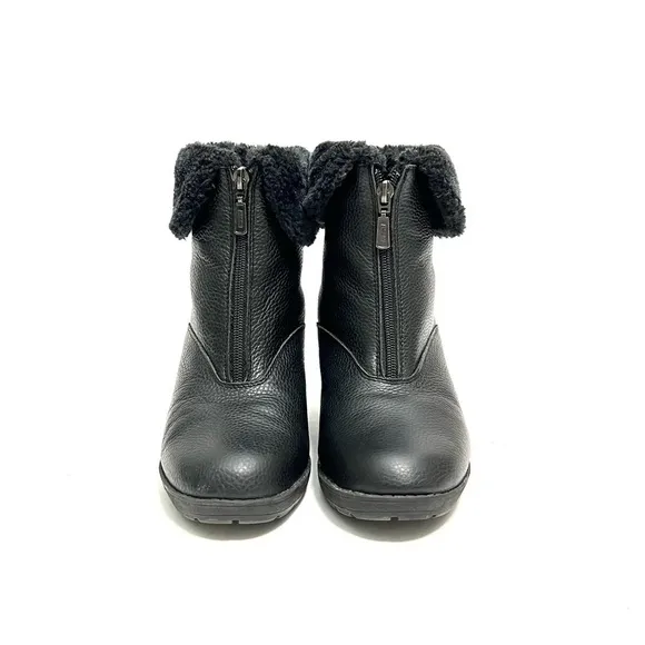Vintage 1980s black pebble leather faux fur fold over zip front wedge snow boots