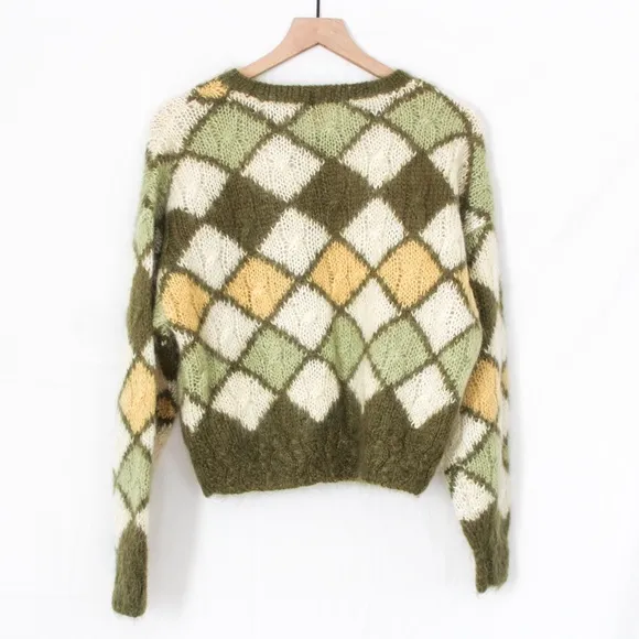 Vintage 80s Mohair Green and Yellow Diamond Button Front Cardigan Small