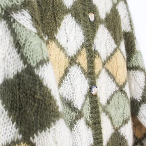 Vintage 80s Mohair Green and Yellow Diamond Button Front Cardigan Small