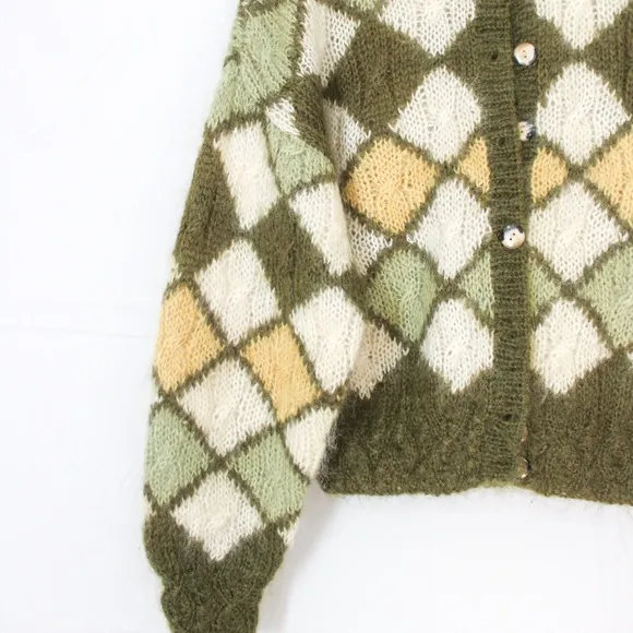 Vintage 80s Mohair Green and Yellow Diamond Button Front Cardigan Small
