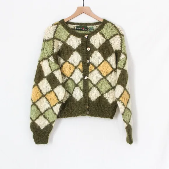 Vintage 80s Mohair Green and Yellow Diamond Button Front Cardigan Small