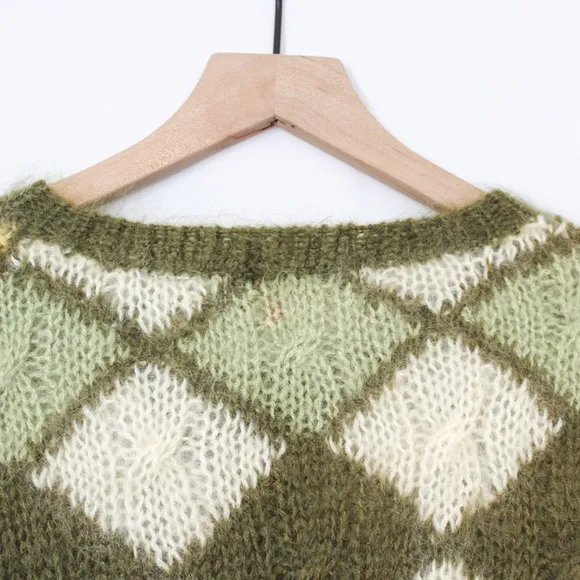 Vintage 80s Mohair Green and Yellow Diamond Button Front Cardigan Small