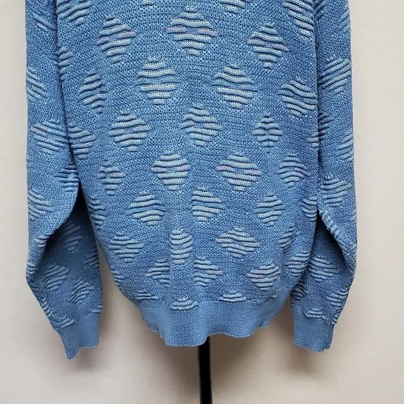 VINTAGE 80s Peconic Bay Traders Sky Blue Knit Geometric Print Crewneck Sweater