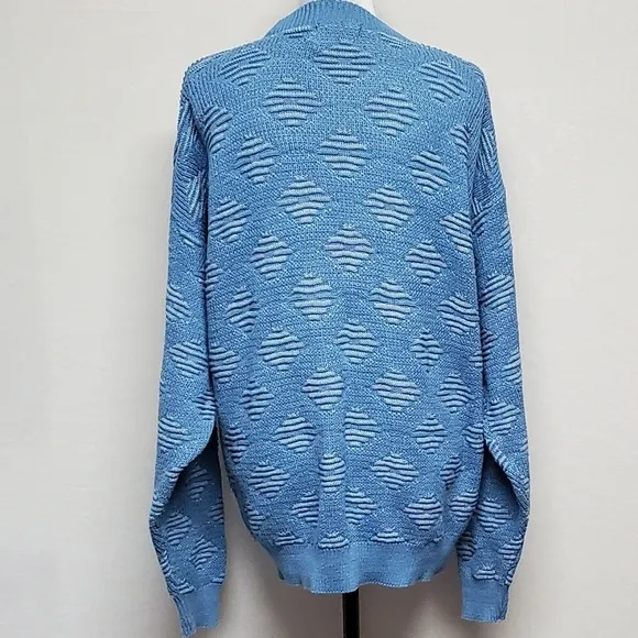 VINTAGE 80s Peconic Bay Traders Sky Blue Knit Geometric Print Crewneck Sweater