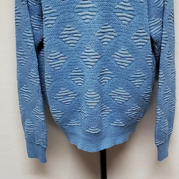 VINTAGE 80s Peconic Bay Traders Sky Blue Knit Geometric Print Crewneck Sweater