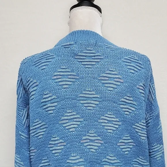 VINTAGE 80s Peconic Bay Traders Sky Blue Knit Geometric Print Crewneck Sweater